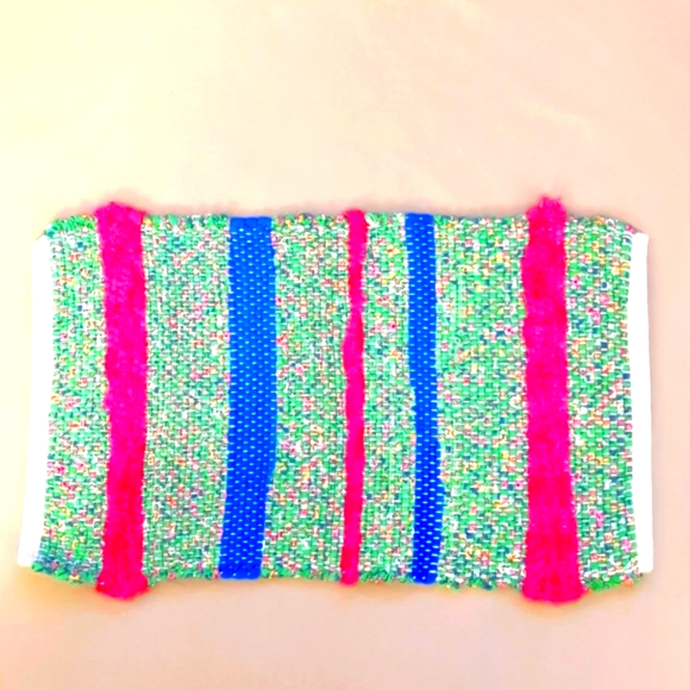 Handwoven Boho Table Mat 13"x22" Handmade Bright Happy Textural Fun